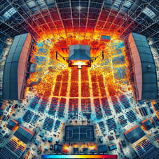 DALL·E 2025-02-17 14.22.52 - A heatmap visualization of a large event from a ceiling-mounted camera perspective. The image shows a birds-eye view of a spacious indoor venue with 