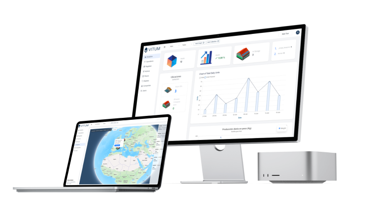 Múltiples dispositivos mostrando la plataforma Vitum. A la izquierda, un portátil muestra un mapa interactivo con ubicaciones marcadas. A la derecha, un monitor grande presenta gráficos y tablas de análisis y estadísticas.