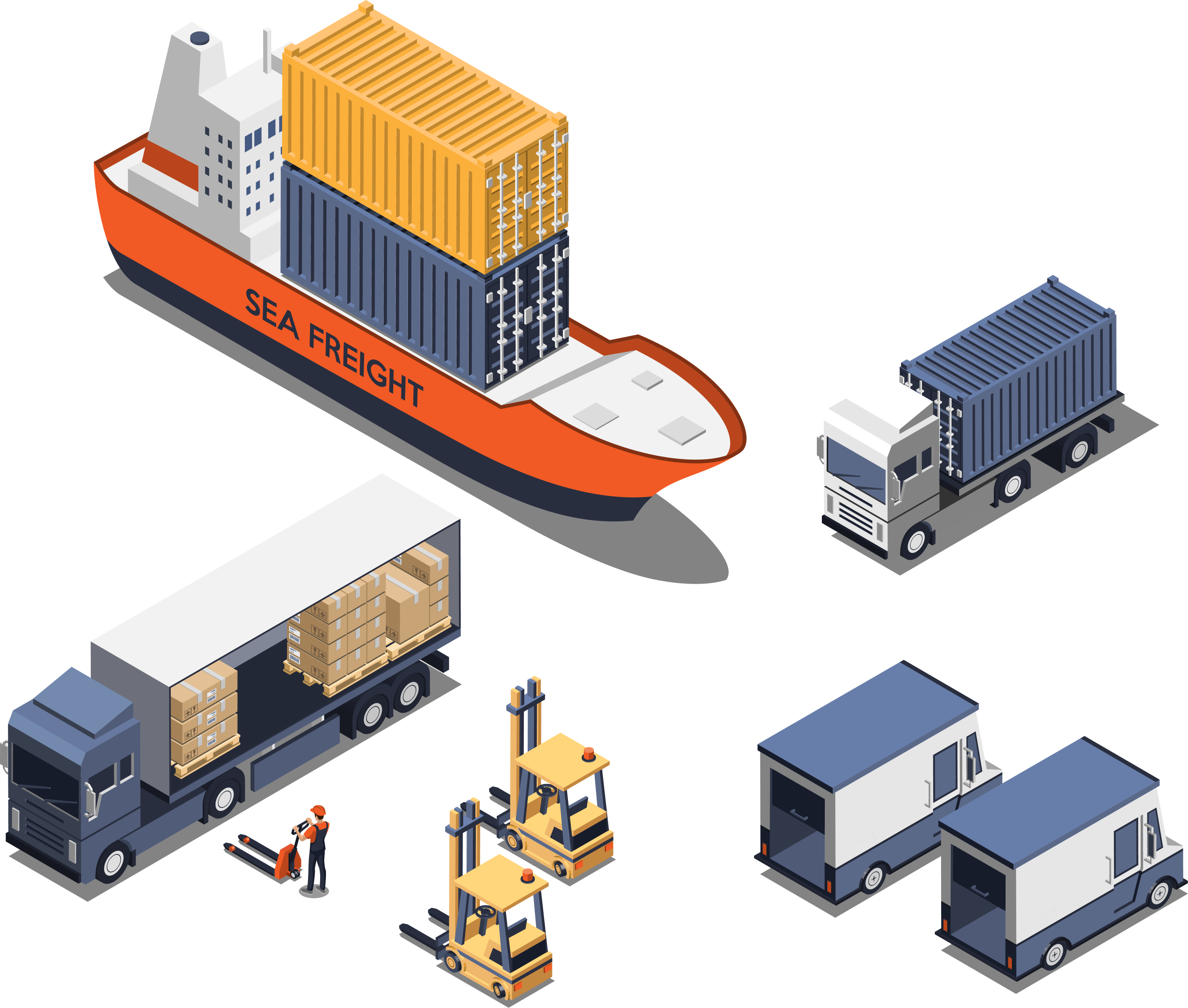 Ilustración isométrica de la logística que incluye diferentes modos de transporte y manejo de carga.