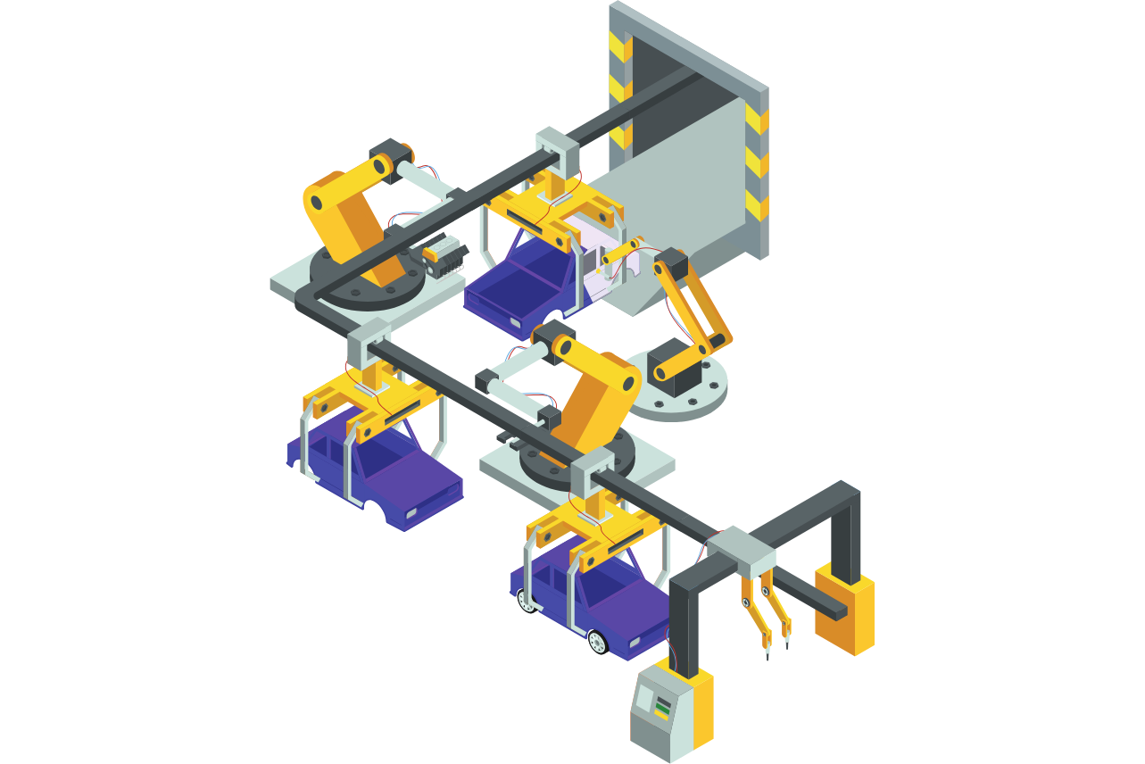 Ilustración isométrica de una línea de montaje de automóviles con brazos robóticos amarillos en acción, ensamblando vehículos. Los coches, en diferentes etapas de montaje, avanzan a través de la línea de producción, asistidos por máquinas automatizadas en un entorno de fábrica controlado.