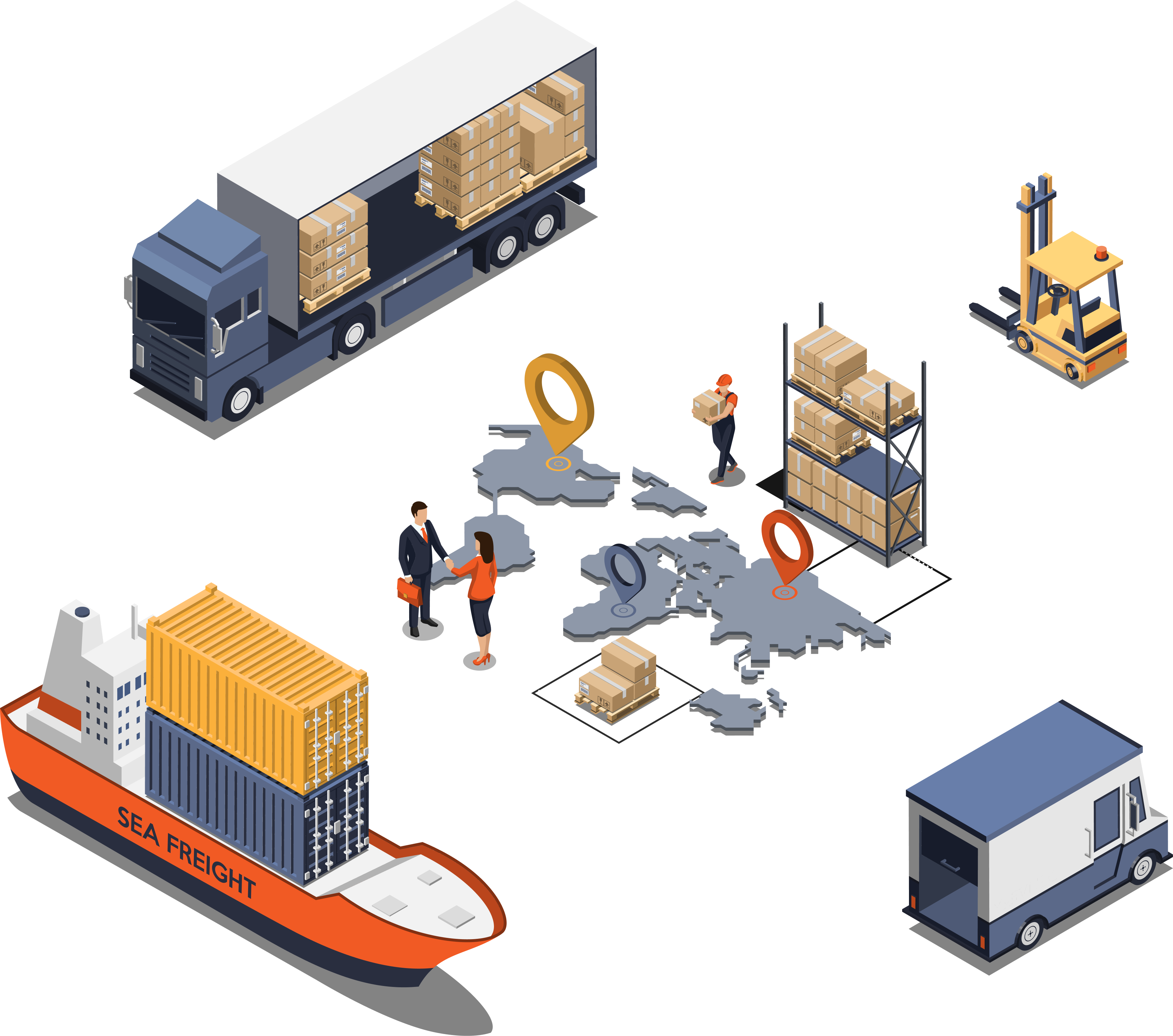 Ilustración isométrica de la logística global que incluye diferentes modos de transporte y manejo de carga. Se muestran un camión de carga completo, un trabajador organizando paquetes en un almacén, una grúa de carga, una reunión de negocios sobre un mapa de todo el mundo, un barco de carga marítima y una furgoneta de reparto, destacando el flujo coordinado de mercancías.